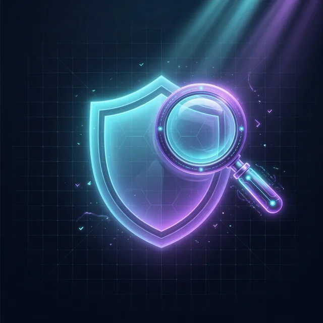 Glowing shield with a magnifying glass, representing fact-checking
